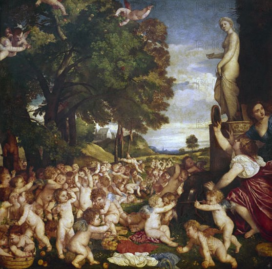 Titien 1485/1576
OFRENDA A LA DIOSA DE LOS AMORES.L 1,72x1,75. NP419-RENACIMIENTO ITALIANO-Ecole vénitienne
Madrid, musée du Prado