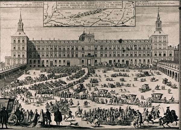 GUERARD
GRAB-ALCAZAR (PALACIO REAL Y PZA. ARMERIA)-FELIPE V SALE  A LA CAMPAÑA DE PORTUGAL 4/03/1704
MADRID, BIBLIOTECA NACIONAL
MADRID