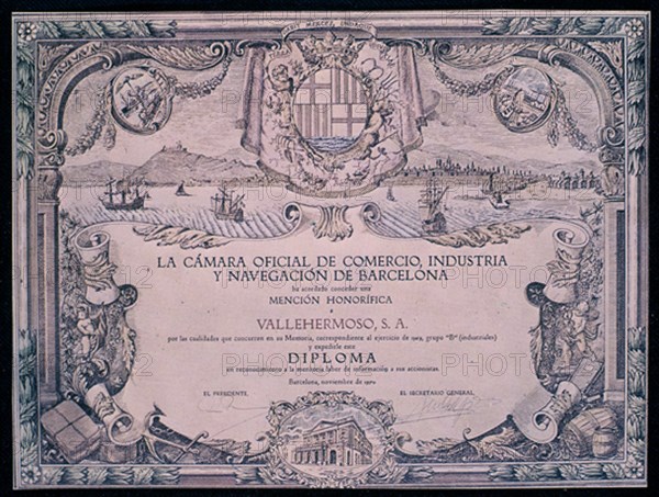 DIPLOMA DE CAMARA DE COMERCI A VALLEHERMOSO S A 1970

This image is not downloadable. Contact us for the high res.
