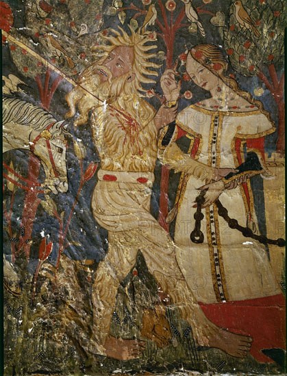 PERSONAJE FANTASTICO HERIDO POR LANZA CON DAMA-BOVEDA LATERAL-ESCENAS LEGENDARIA-S XV EPOCA NAZARI
GRANADA, ALHAMBRA-SALA DE LOS REYES
GRANADA