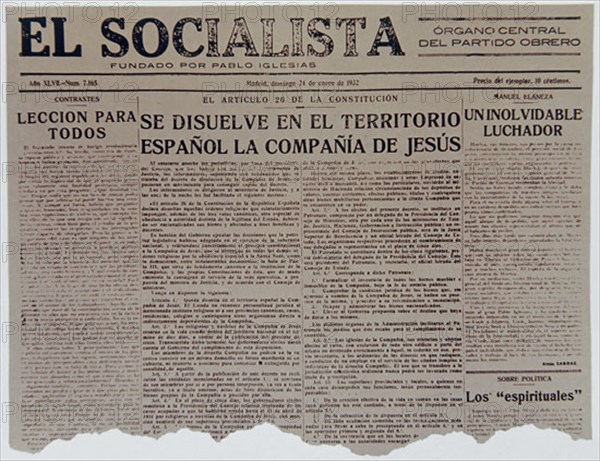 PERIODICO EL SOCIALISTA 24/ENE/1932-DISOLUCION COMPAÑIA DE JESUS.ART 26 CONSTIT REPUBLICA
MADRID, HEMEROTECA MUNICIPAL
MADRID

This image is not downloadable. Contact us for the high res.
