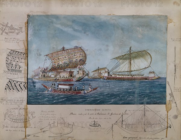 MONLEON RAFAEL 1853/1900
CONSTRUCCIONES NAVALES. BARI  Y GALERA DE COMBATE TOMADO DE BAJORRELIEVES DE RAMSES IV. ACUARELA S X
MADRID, MUSEO NAVAL LAMINAS
MADRID