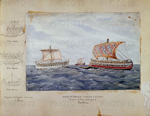 MONLEON RAFAEL 1853/1900
CONSTRUCCIONES NAVALES.NAVES DE COMBATE FENICIAS Y ASIRIAS COPIADAS DE BAJORRELIEVES DE NINIVE. S XI
MADRID, MUSEO NAVAL LAMINAS
MADRID
