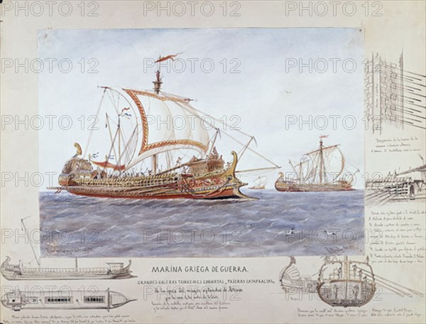 MONLEON RAFAEL 1853/1900
CONSTRUCCIONES NAVALES BAJO SU ASPECTO ARTISTICO. GALERAS DE GUERRA GRIEGAS. ACUARELA S XIX
MADRID, MUSEO NAVAL LAMINAS
MADRID