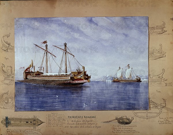 MONLEON RAFAEL 1853/1900
CONSTRUCCIONES NAVALES BAJO SU ASPECTO ARTISTICO. TRIRREMES ROMANAS. ACUARELA S XIX
MADRID, MUSEO NAVAL LAMINAS
MADRID
