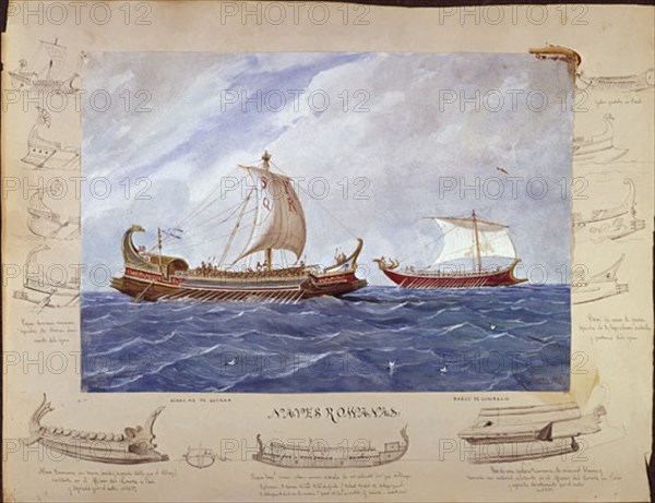 MONLEON RAFAEL 1853/1900
CONSTRUCCIONES NAVALES BAJO SU ASPECTO ARTISTICO.BIRREME GUERRA Y BARCO COMERCIO ROMANO
MADRID, MUSEO NAVAL LAMINAS
MADRID