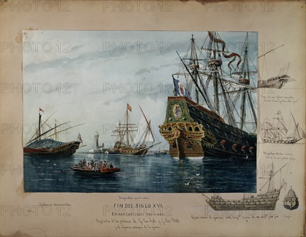 MONLEON RAFAEL 1853/1900
CONSTRUCCIONES NAVALES BAJO ... BRIGANTINO NAVIO DE GUERRA Y GALERAS ITALIANAS FIN DEL XVI. ACUARELA
MADRID, MUSEO NAVAL LAMINAS
MADRID