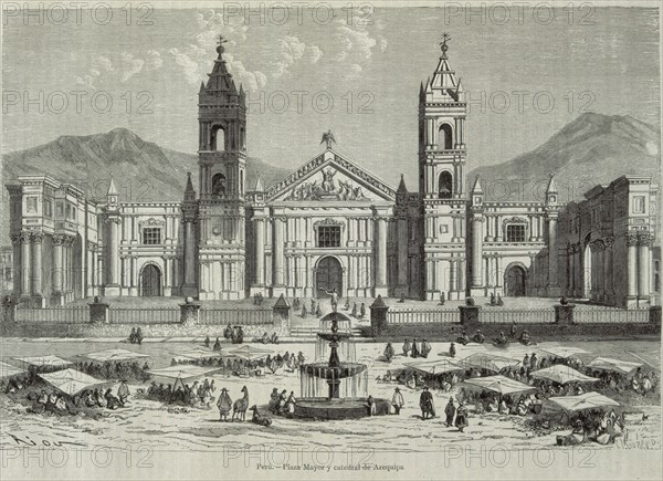 GRABADO-AREQUIPA(PERU)PLAZA MAYOR Y CATEDRAL