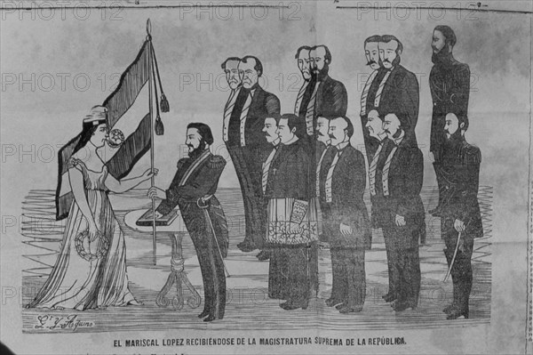 EL MARISCAL LOPEZ RECIBE MAGISTRATURA DE SUPREMA REPUBLICA
ASUNCION, B NACIONAL
PARAGUAY

This image is not downloadable. Contact us for the high res.