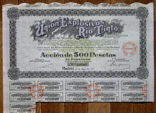 ACCION DE 500 PTAS DE UNION EXPLOSIVOS RIO TINTO-1973(18 DEL 4)
MADRID, BOLSA DE COMERCIO
MADRID