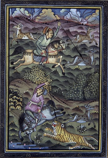 LAMINA INDIA-CAZADORES INDIOS A CABALLO TRAS CIERVO Y LEON-S XIX
MADRID, COLECCION ORONOZ
MADRID