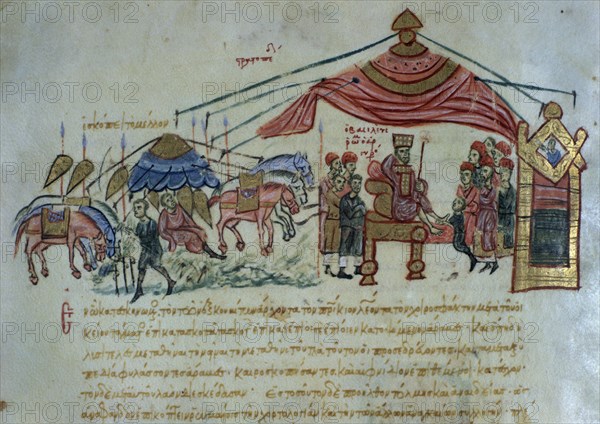 SKYLLITZES
HISTORIA MATRITENSIS-CRONICA BIZANTINA F 91 V
MADRID, BIBLIOTECA NACIONAL
MADRID

This image is not downloadable. Contact us for the high res.