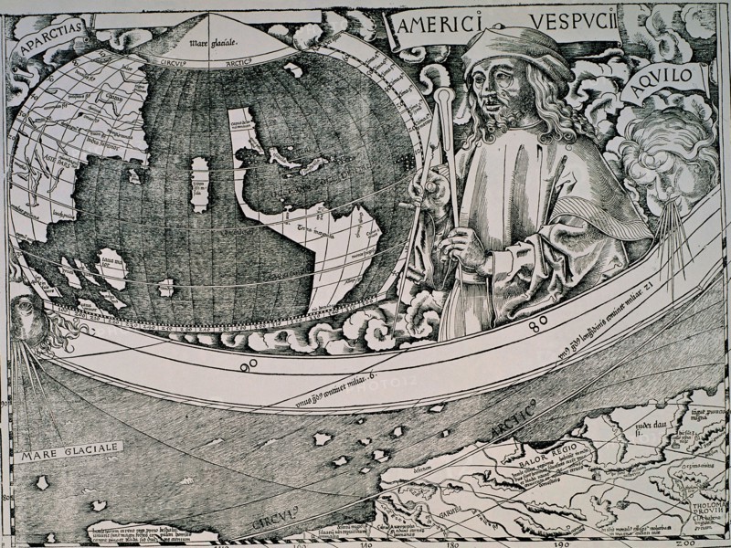 Waldseemüller, détail d'une mappemonde où apparaît Vespucci