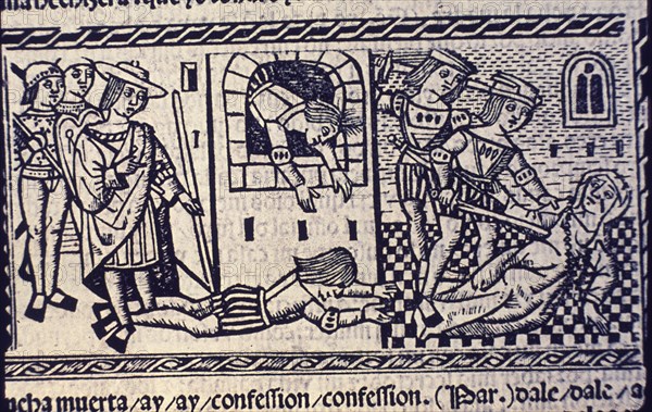 ROJAS FERNANDO DE 1470/1541
LA CELESTINA-MUERTE DE PARMENO Y SEMPRONIO A LA IZQ Y MUERTE DE LA CELESTINA A LA DERECHA
MADRID, BIBLIOTECA NACIONAL
MADRID