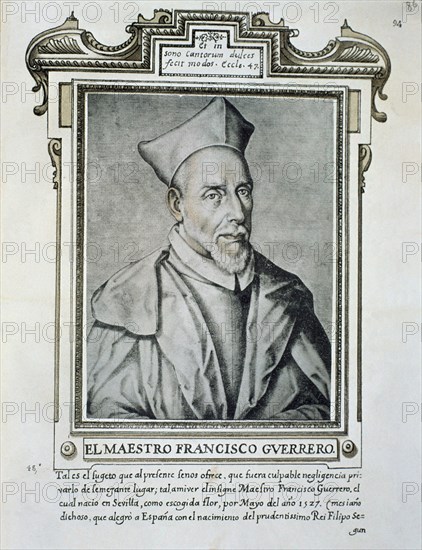 PACHECO FRANCISCO 1564/1644
FRANCISCO GUERRERO - 1528 -1599 - COMPOSITOR Y MAESTRO DE CAPILLA SEVILLANO - LIBRO DE RETRATOS
MADRID, BIBLIOTECA NACIONAL B ARTES
MADRID

This image is not downloadable. Contact us for the high res.