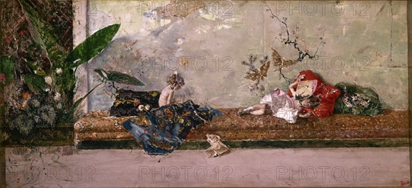 Fortuny, Les enfants du peintre, Marie Louise et Mariano, dans un salon japonais