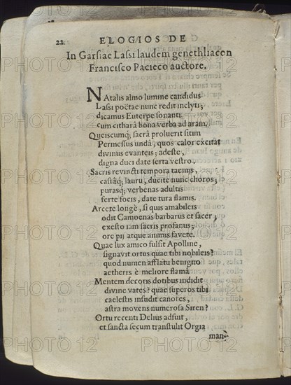 PACHECO FRANCISCO 1564/1644
VIDA DE GARCILASO DE LA VEGA.ELOGIOS.
MADRID, BIBLIOTECA NACIONAL
MADRID

This image is not downloadable. Contact us for the high res.