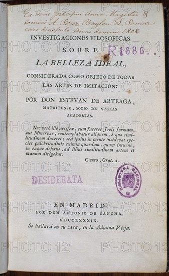 ARTEAGA E
FILOSOFIA SOBRE LA BELLEZA IDELA 1789
MADRID, BIBLIOTECA NACIONAL
MADRID

This image is not downloadable. Contact us for the high res.
