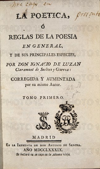 LUZAN IGNACIO 1702-1754
LA POETICA-MADRID 1789
MADRID, BIBLIOTECA NACIONAL
MADRID

This image is not downloadable. Contact us for the high res.