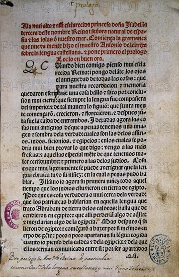 NEBRIJA ANTONIO 1441/1522
PRIMERA PAGINA DE LA GRAMATICA - 1492- LITERATURA ESPAÑOLA S XVI
MADRID, BIBLIOTECA NACIONAL
MADRID

This image is not downloadable. Contact us for the high res.