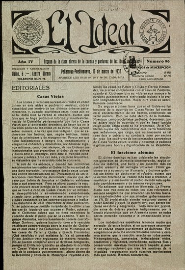 PERIODICO SOCIALISTA"EL IDEAL"MARZO 1933-ARTICULOS:  SUCESOS DE CASAS VIEJAS Y FASCISMO ALEMAN
MADRID, HEMEROTECA MUNICIPAL
MADRID

This image is not downloadable. Contact us for the high res.