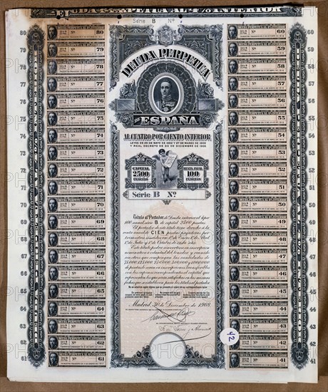DEUDA PERPETUA DE ESPANA 4% INTERIRO 30 DICIEMBRE 1908
MADRID, BOLSA DE COMERCIO
MADRID

This image is not downloadable. Contact us for the high res.