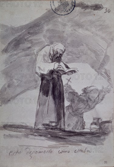 Goya, satyrical drawing (Let us leave the man as he was before)