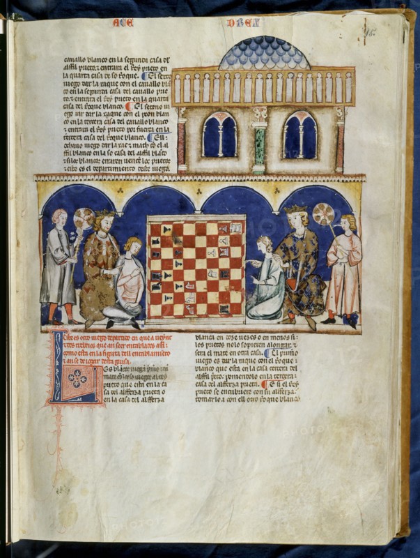 ALFONSO X EL SABIO 1221/84
LIBRO DE JUEGOS-FOL 15r-ALFONSO X Y SU HIJO SANCHO ENSEÑANDO A  JOVENES A JUGAR
SAN LORENZO DEL ESCORIAL, MONASTERIO-BIBLIOTECA
MADRID