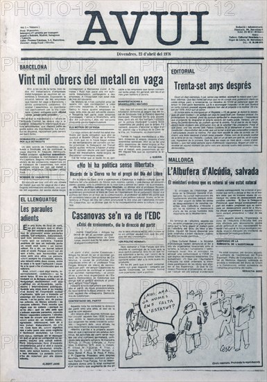 PORTADA DEL PERIODICO AVUI PRIMER NUMERO 23 ABRIL 1976-HUELGA OBREROS DEL METAL

This image is not downloadable. Contact us for the high res.