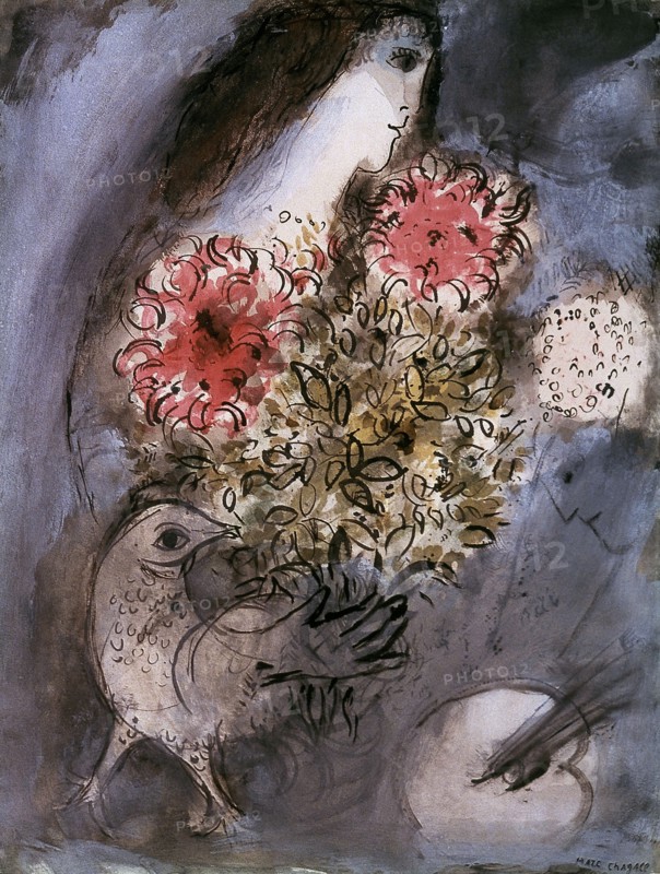 Chagall, Femme, fleurs et oiseau