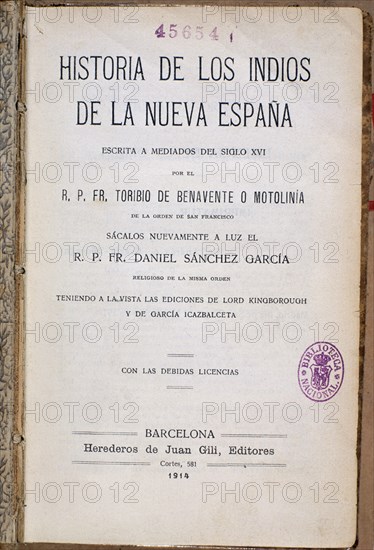 BENAVENTE FRAY
HISTORIA DE LOS INDIOS DE NUEVA ESPANA
MADRID, BIBLIOTECA NACIONAL PISOS
MADRID