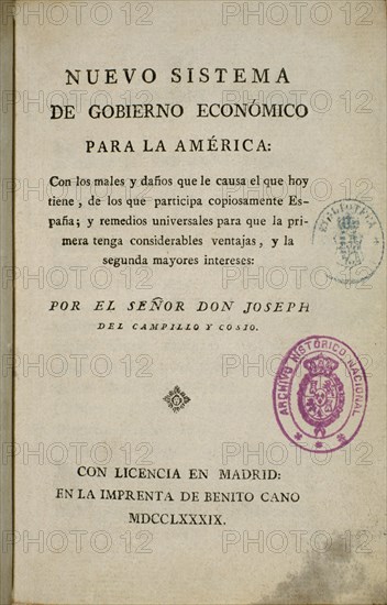 CAMPILLO COSIO
NUEVO SISTEMA DE GOBIERNO ECONOMICO PARA LA AMERICA-1789
MADRID, BIBLIOTECA NACIONAL PISOS
MADRID

This image is not downloadable. Contact us for the high res.