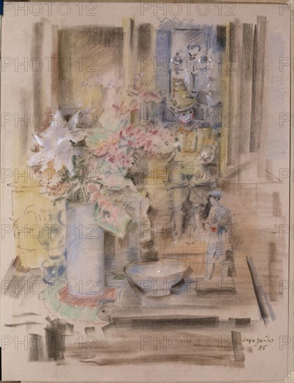 GRAU SANTOS JULIAN
(MESA CON FLORES Y MUÑECOS)1985-PASTEL