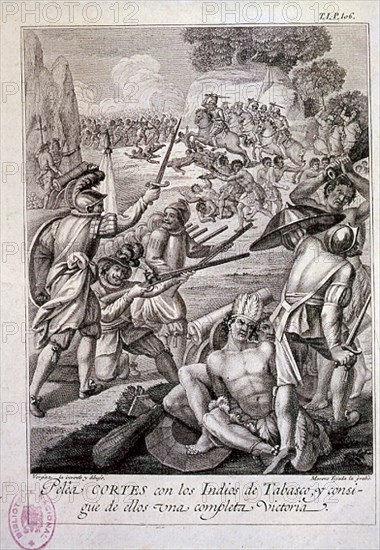 MORENO TEJADA JUAN
CORTES PELEA CON LOS INDIOS DE TABASCO Y GANA-CONQUISTA DE MEXICO. GRABADO FINALES S XVIII
MADRID, BIBLIOTECA NACIONAL B ARTES
MADRID