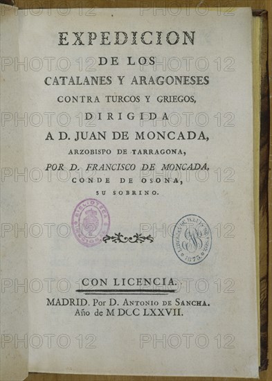 MONCADA JUAN DE
EXPEDICION DE CATALANES Y ARAGONESES CONTRA TURCOS Y GRIEGOS-MADRID 1778
MADRID, BIBLIOTECA NACIONAL PISOS
MADRID

This image is not downloadable. Contact us for the high res.