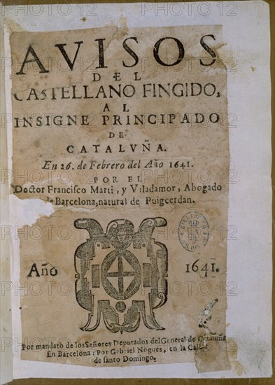 MARTI VILADAMOR
AVISOS DEL CASTELLANO FINGIDO A CATALUNA
MADRID, BIBLIOTECA NACIONAL RAROS
MADRID

This image is not downloadable. Contact us for the high res.