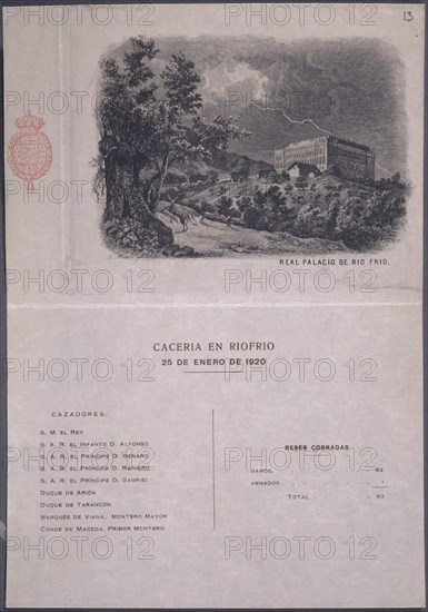 CACERIA EN RIOFRIO 25/1/1920-TARJETA DE CAZADORES Y RESULTADO DE LA MONTERIA
MADRID, PALACIO REAL-BIBLIOTECA
MADRID