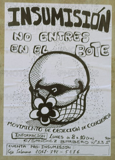 CARTEL DE OBJETORES DE CONCIENCIA"INSUMISION-NO ENTRES EN EL BOTE"

This image is not downloadable. Contact us for the high res.