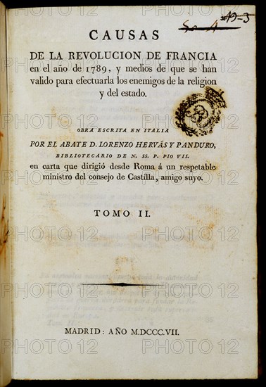 HERVAS Y PANDURO
CAUSAS DE LA REVOLUCION DE FRANCIA DE 1789-PORTADA - 1807
MADRID, BIBLIOTECA NACIONAL PISOS
MADRID

This image is not downloadable. Contact us for the high res.