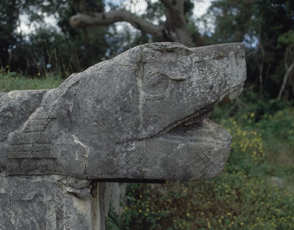 Feathered snake head from a Mayan ballgame court