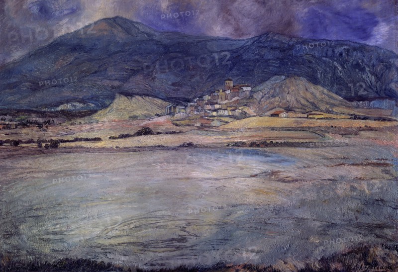 Ignacio Zuloaga (1870-1945)     PUEBLO DE ZARAGOZA - ESCO - SIGLO XX - OLEO/LIENZO - 90 X 30 CMS.