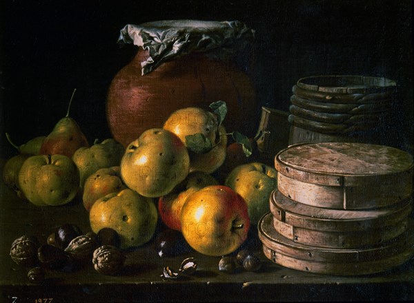 Melendez L., Nature morte: Pommes, noix, boîte et pot de confiture