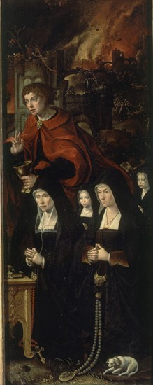 Coecke van Aelst, Saint John the Evangelist with two women and two little girls praying