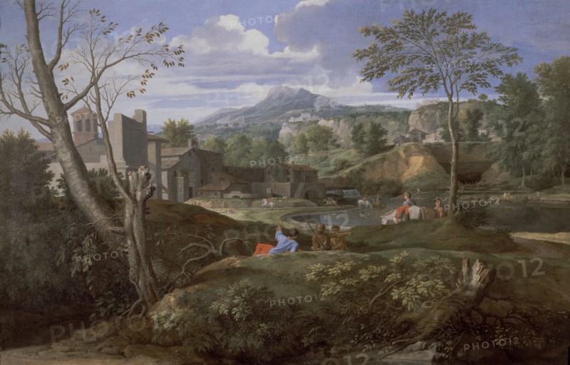Poussin, Countryside with River, Mountain, Architecture and Characters