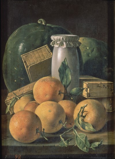 Melendez L., Nature morte: oranges, pastèques, pot et boîtes à bonbons