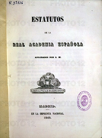 PORTADA-ESTATUTOS DE LA REAL ACADEMIA DE LA LENGUA ESPAÑOLA 1848
MADRID, ACADEMIA DE LA LENGUA
MADRID

This image is not downloadable. Contact us for the high res.