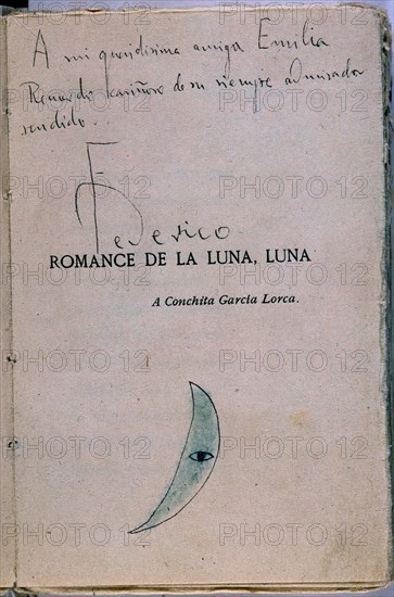 GARCIA LORCA FEDERICO 1898/1936
PORTADA DE"ROMANCE DE LA LUNA,LUNA"-CON DEDCATORIA  A SU AMIGA EMILIA-
MADRID, FUNDACION GARCIA LORCA
MADRID

This image is not downloadable. Contact us for the high res.