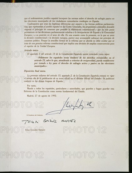 ULTIMA PAGINA-CONSTITUCION DE 1978-REFORMA DEL ARTICULO 13,APARTADO 2,DE 27 AGOSTO DE 1992
MADRID, CONGRESO DE LOS DIPUTADOS-BIBLIOTECA
MADRID