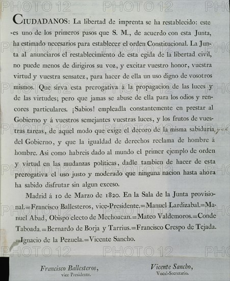 PROCLAMA DE LA JUNTA PROVISIONAL DECLARANDO LA LIBERTAD DE IMPRENTA-MADRID 10/3/1820
MADRID, CONGRESO DE LOS DIPUTADOS-BIBLIOTECA
MADRID

This image is not downloadable. Contact us for the high res.