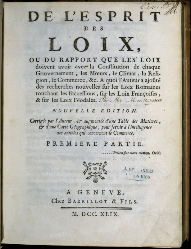 Front page of 'L'Esprit des Loix' written by Montesquieu